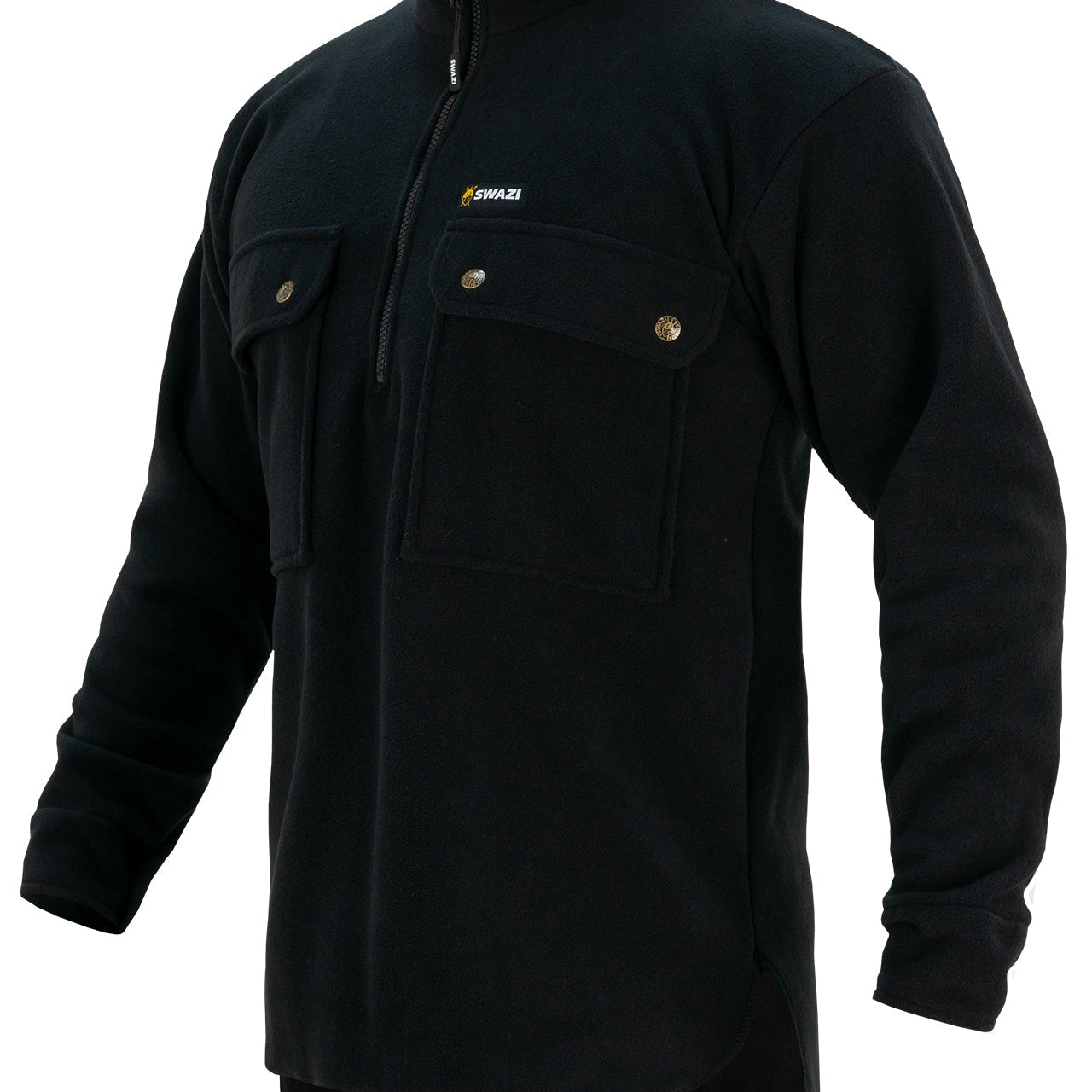 The Swazi Back 40 heavyweight fleece jumper with long-cut tail, high zip collar, and domed cuffs, designed to keep you warm in cold conditions.