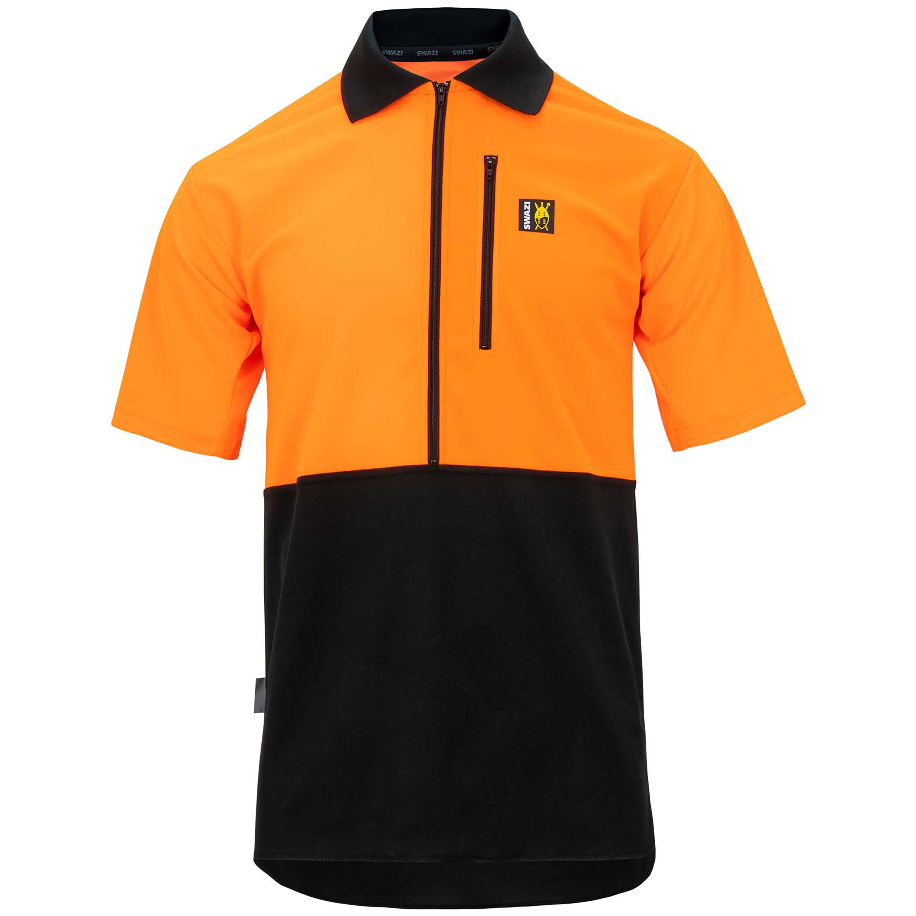 Orange and black short-sleeve shirt with a zipper on a white background