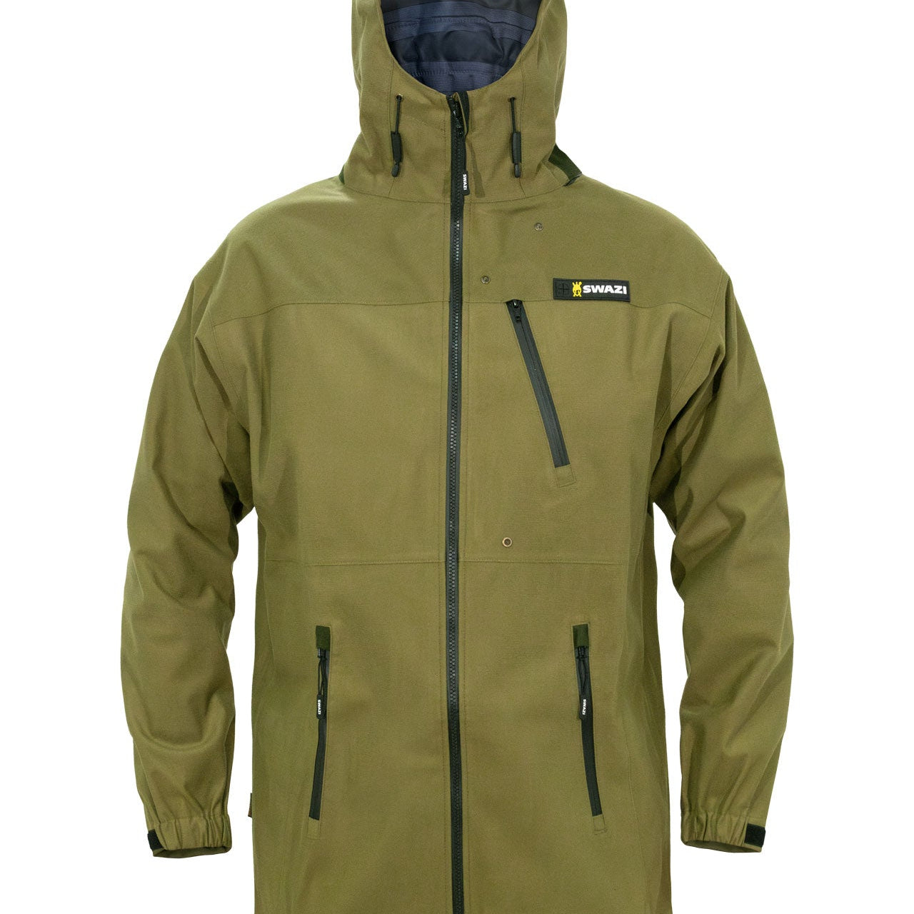 Swazi Ibex waterproof hunting jacket with quiet fabric, pit zips, full-length zip, and a high-vision hood for versatile outdoor comfort.