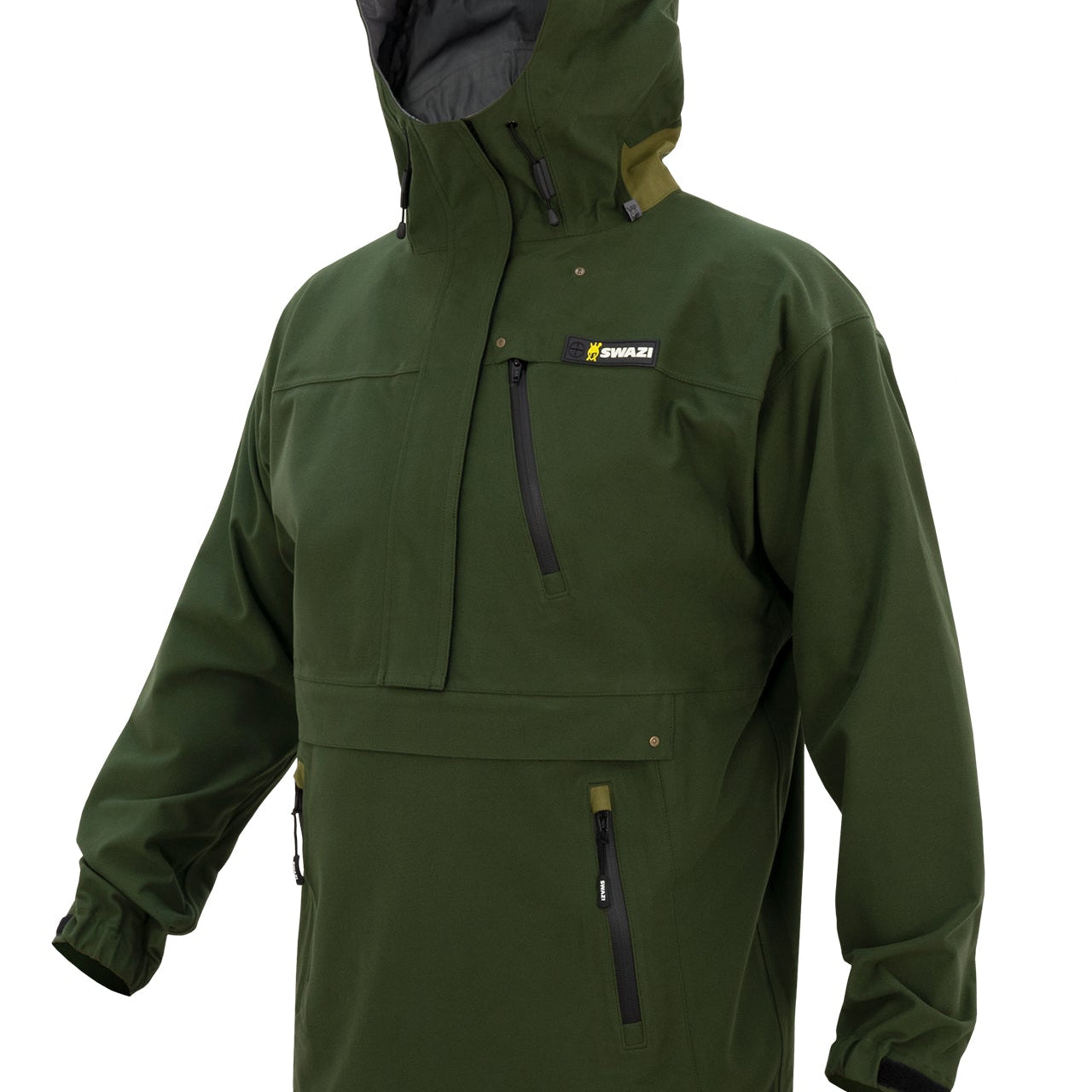 Waterproof hunting jacket with quiet fabric, multiple utility pockets, and high-vision hood for comfort, protection, and easy gear access.