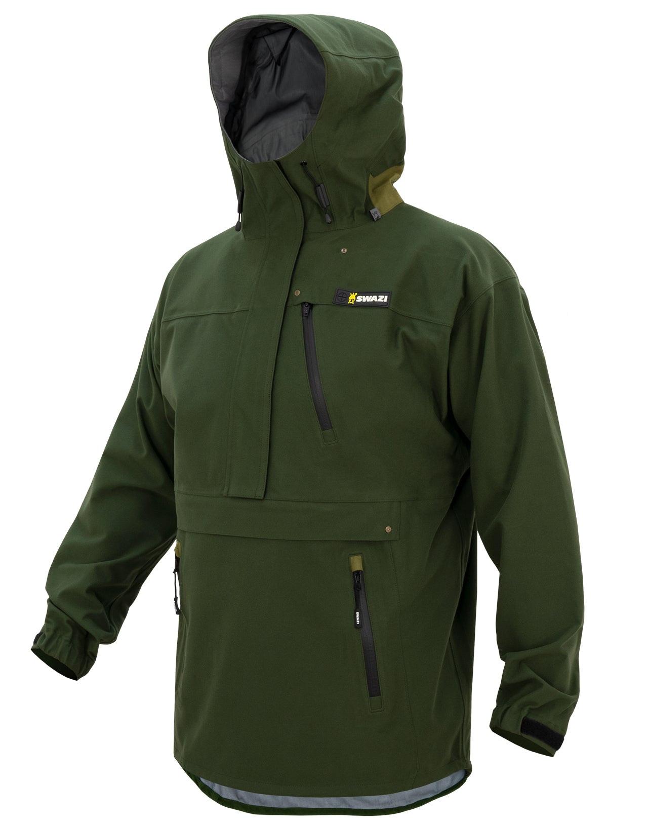 Waterproof hunting jacket with quiet fabric, multiple utility pockets, and high-vision hood for comfort, protection, and easy gear access.