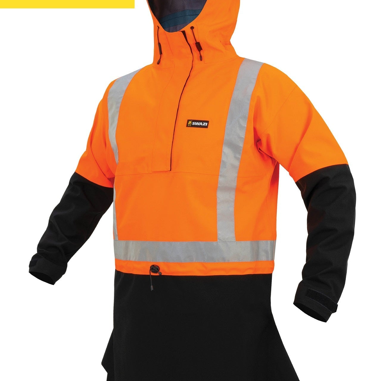 Swazi Karona high-visibility anorak with retro-reflective tape, structured hood, and waterproof fabric for tough conditions