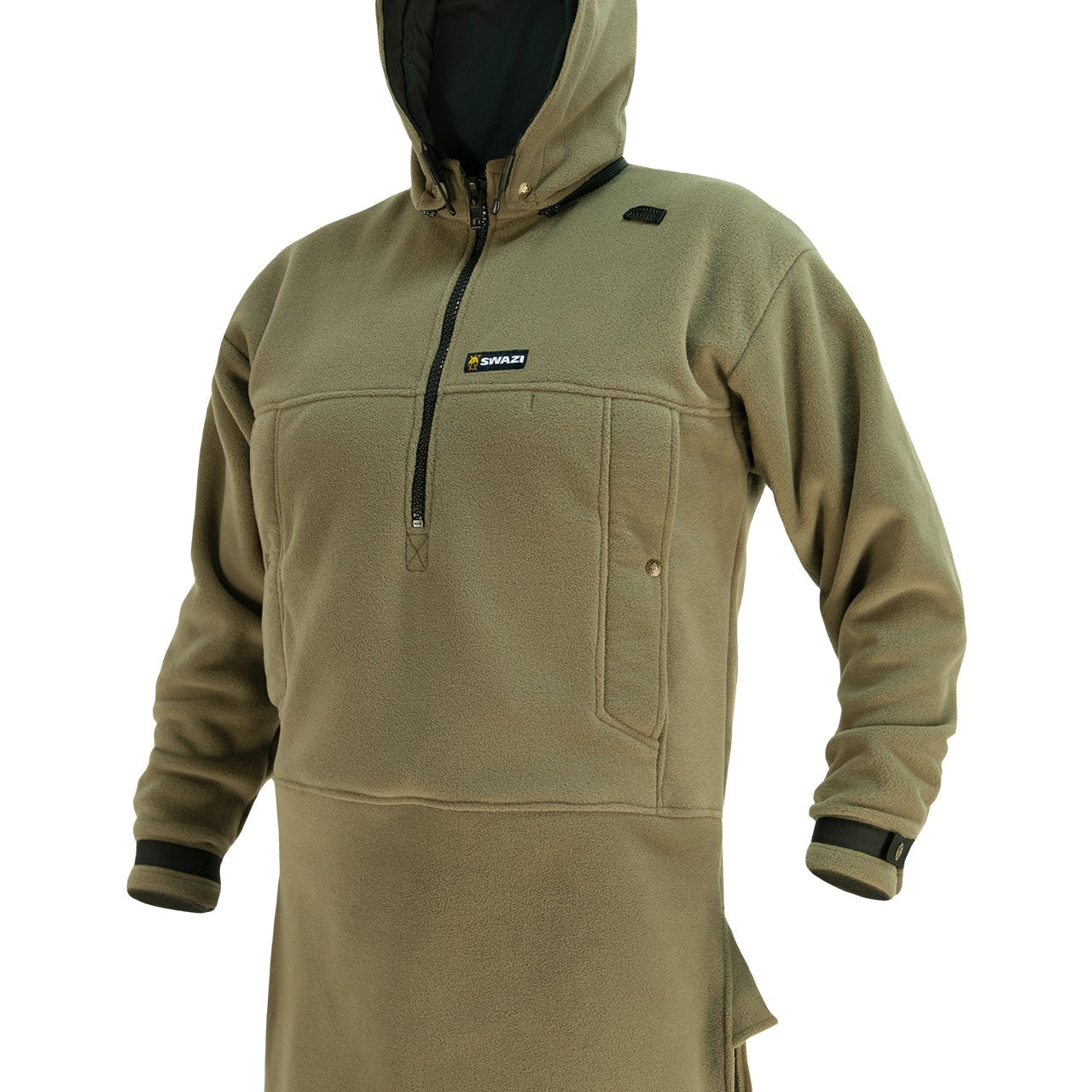 The Swazi Nahanni Shirt, a warm fleece hoodie with windproof liner, chest pockets, and detachable hood, and antenna channel for hunting, and outdoor adventures.