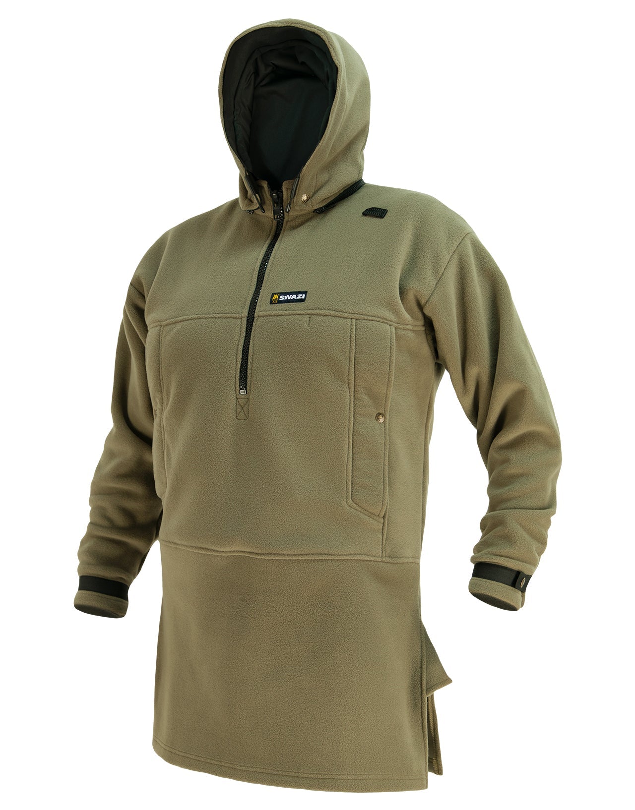 The Swazi Nahanni Shirt, a warm fleece hoodie with windproof liner, chest pockets, and detachable hood, and antenna channel for hunting, and outdoor adventures.