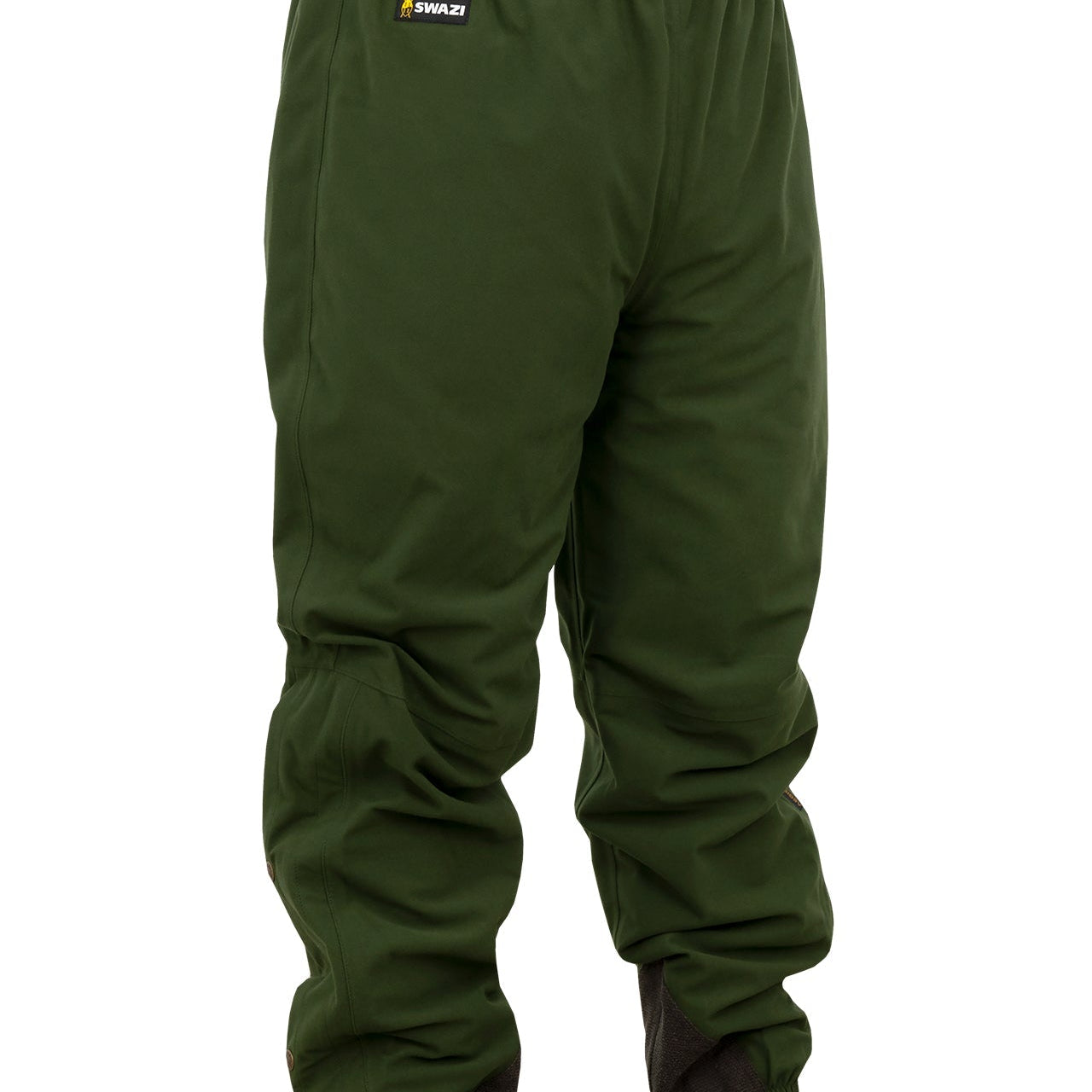 Swazi Torrent waterproof overtrousers with windproof and waterproof fabric, elastic waist, wide legs to fit over boots, and side openings for easy access to pockets.