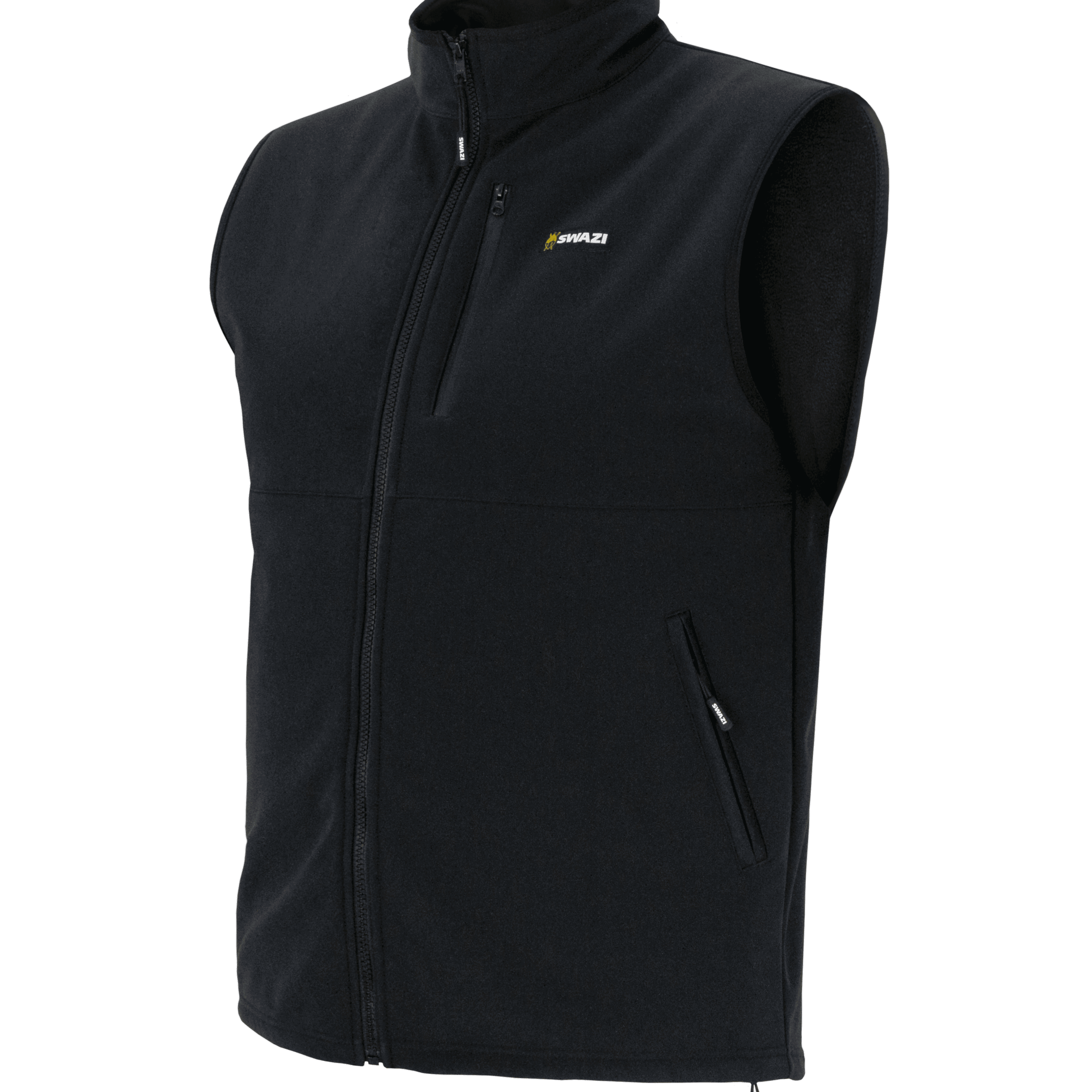 Swazi Paragon windproof vest with high collar, handwarmer pockets, and adjustable hem for core warmth and mobility
