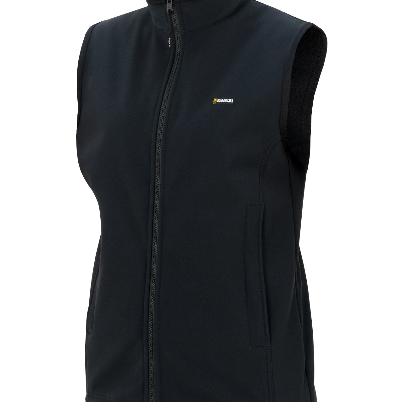 Swazi Sable women’s vest with windproof fabric, handwarmer pockets, and a high shaped collar for warmth and style
