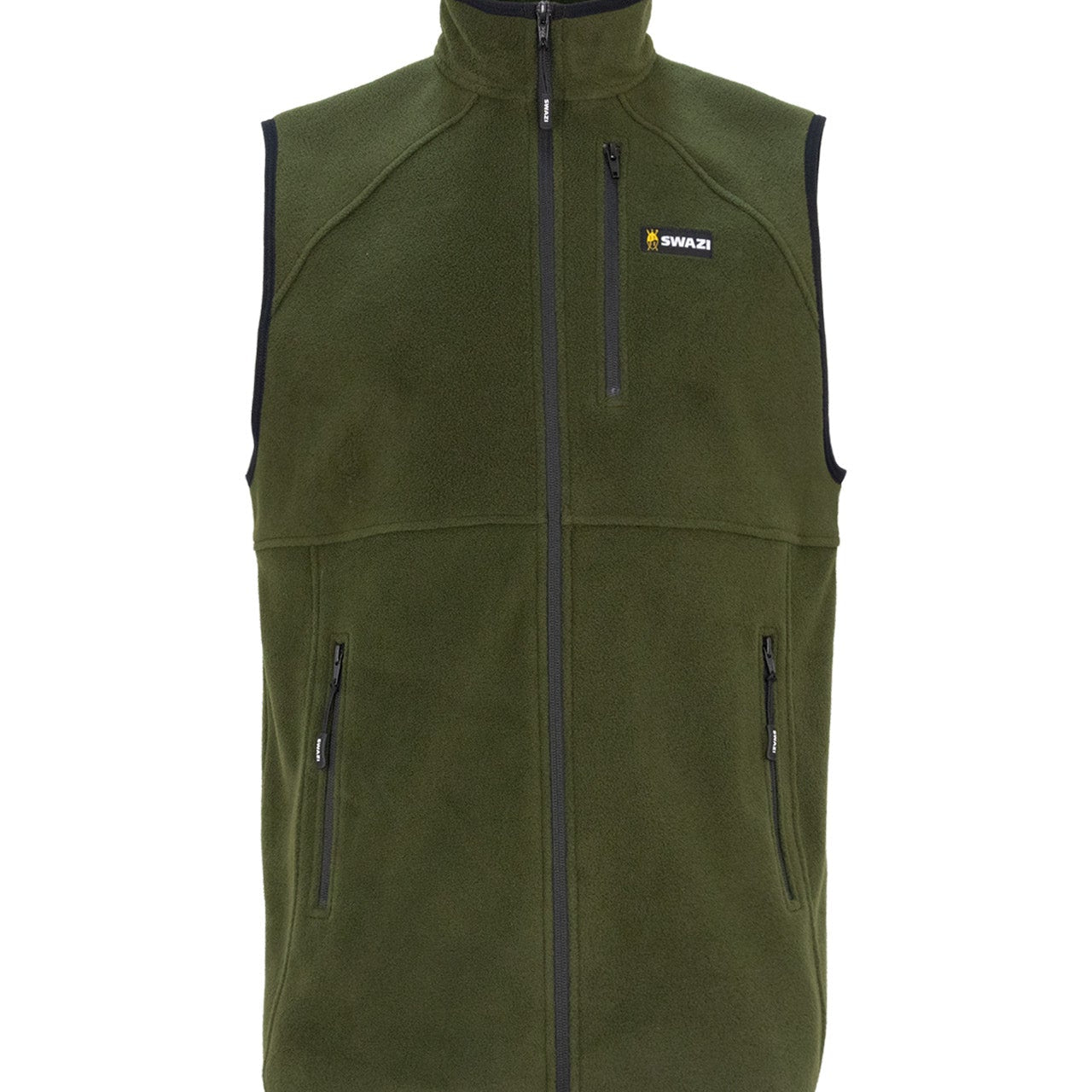 The Swazi Sherpa Vest fleece gilet with 280gsm fleece fabric, three zip pockets, and adjustable hem, designed for warmth, layering, and practical storage.