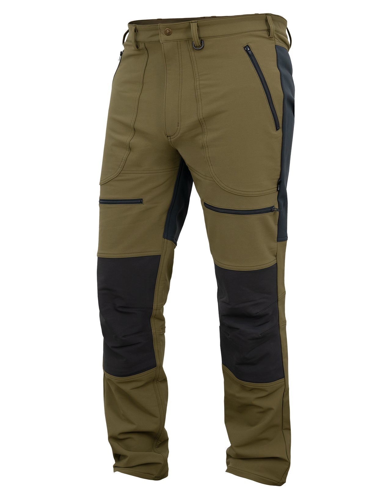 Quiet, durable outdoor trousers with thigh vents, knee pads, and a water-resistant backside for hunting or rugged adventures.