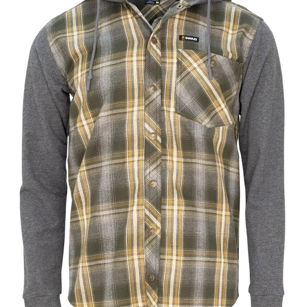Swazi Apprentice Shirt featuring flannel plaid, comfortable terry sleeves, and a hood for versatile work and casual wear.