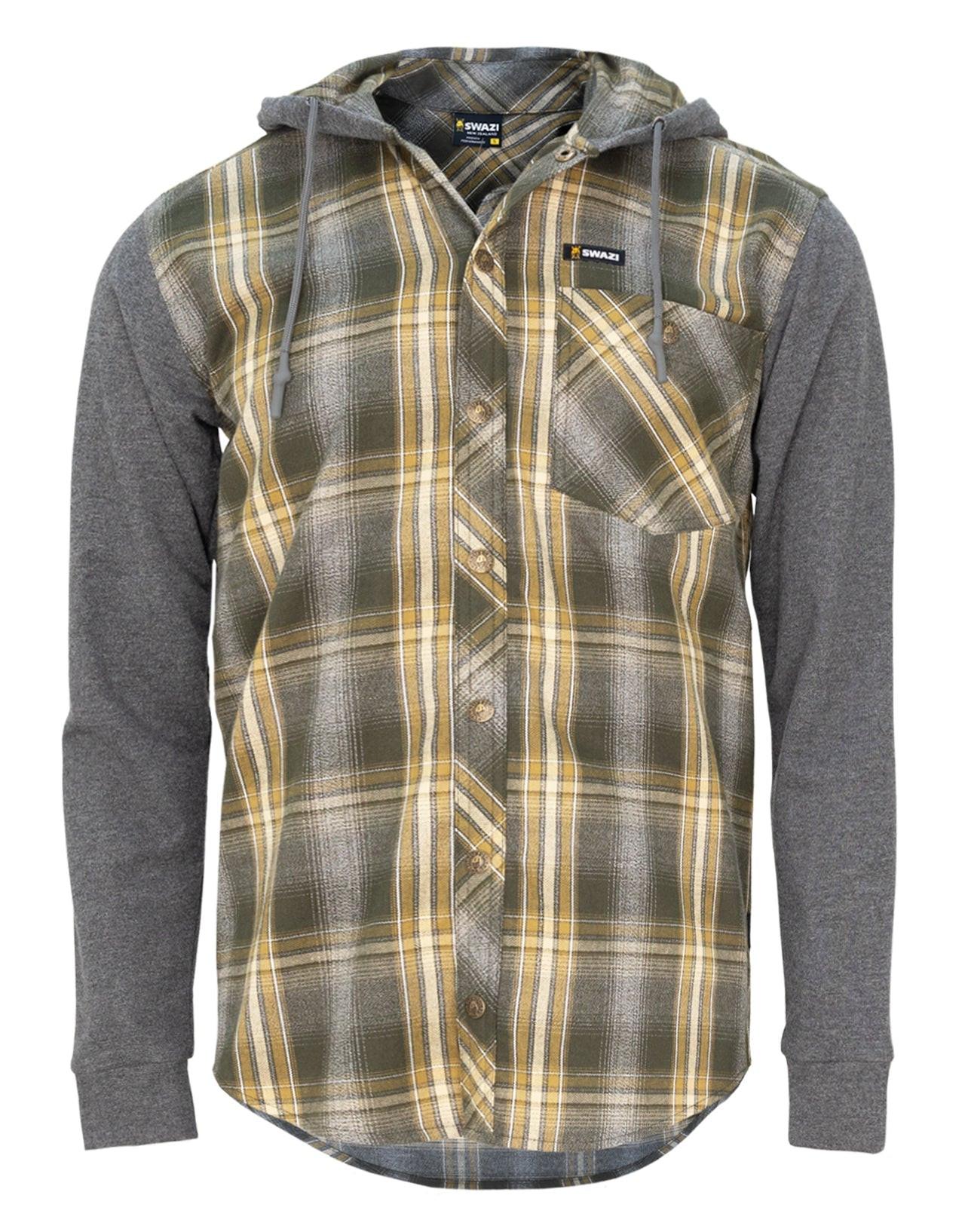 Swazi Apprentice Shirt featuring flannel plaid, comfortable terry sleeves, and a hood for versatile work and casual wear.