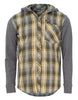 Swazi Apprentice Shirt featuring flannel plaid, comfortable terry sleeves, and a hood for versatile work and casual wear.