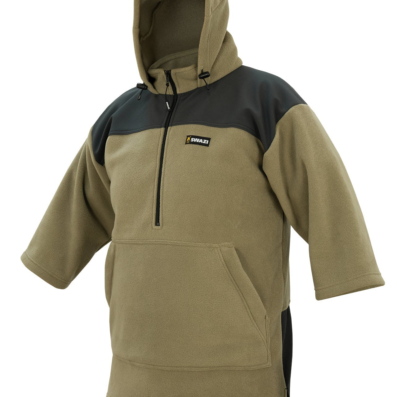 The Fed heavy-duty fleece hoodie with reinforced windproof panels at the shoulders and lower back, shortened sleeves, and a large kangaroo pocket.