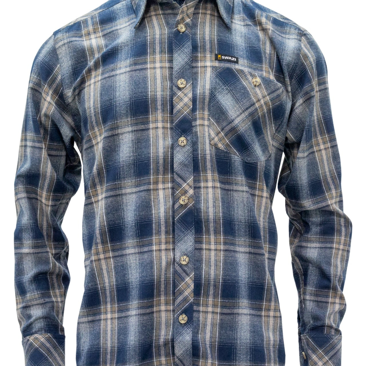 The Swazi Grafter long sleeve shirt with buttoned collar and pocket, ideal for work and casual wear