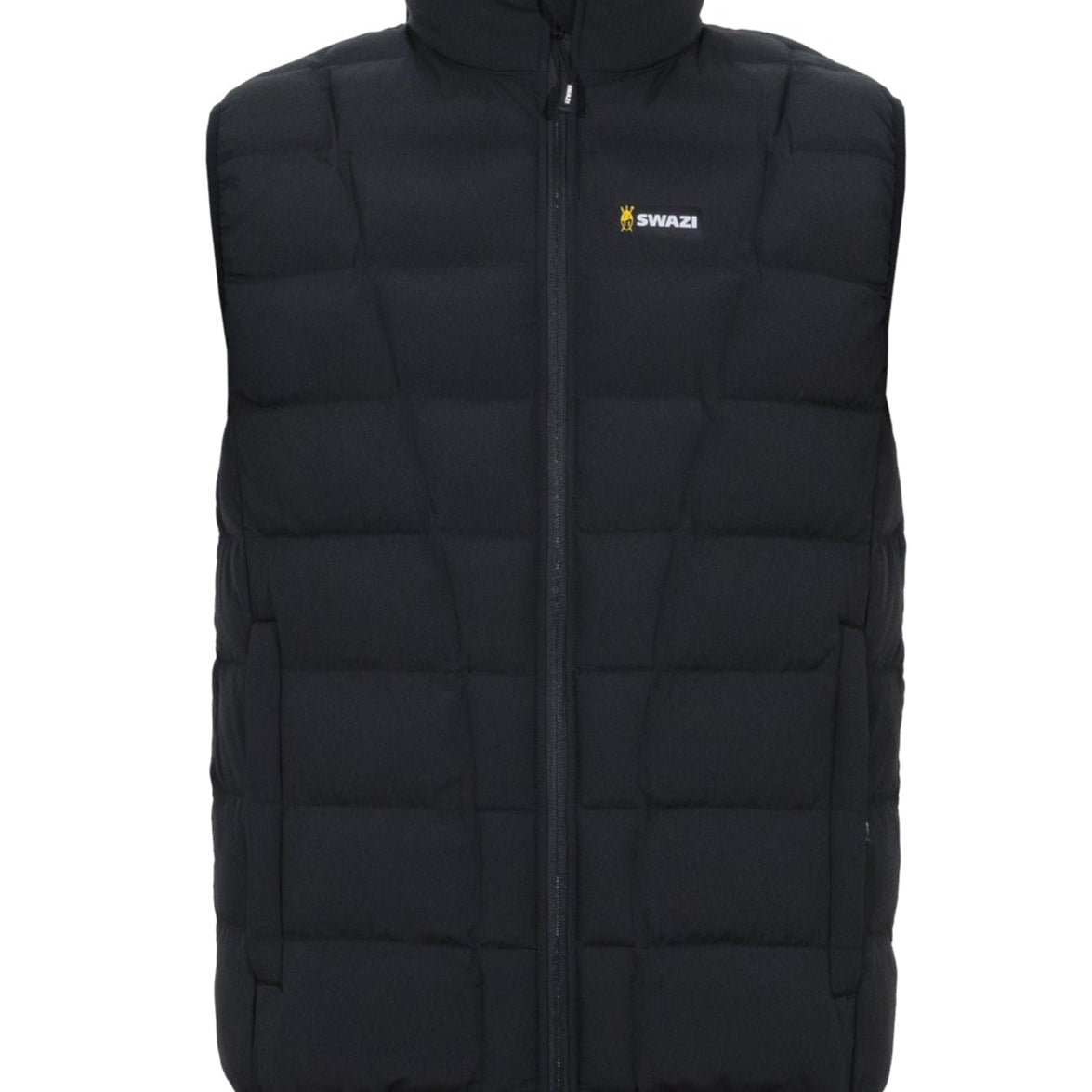 Swazi Thorso men's puffer vest with lightweight insulation, showerproof fabric, high collar, and adjustable hem for core warmth and wind protection.