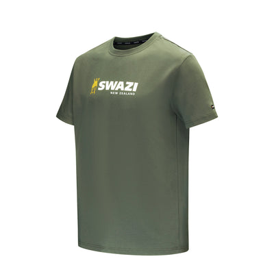 Green t-shirt with 'SWAZI New Zealand' logo on a white background