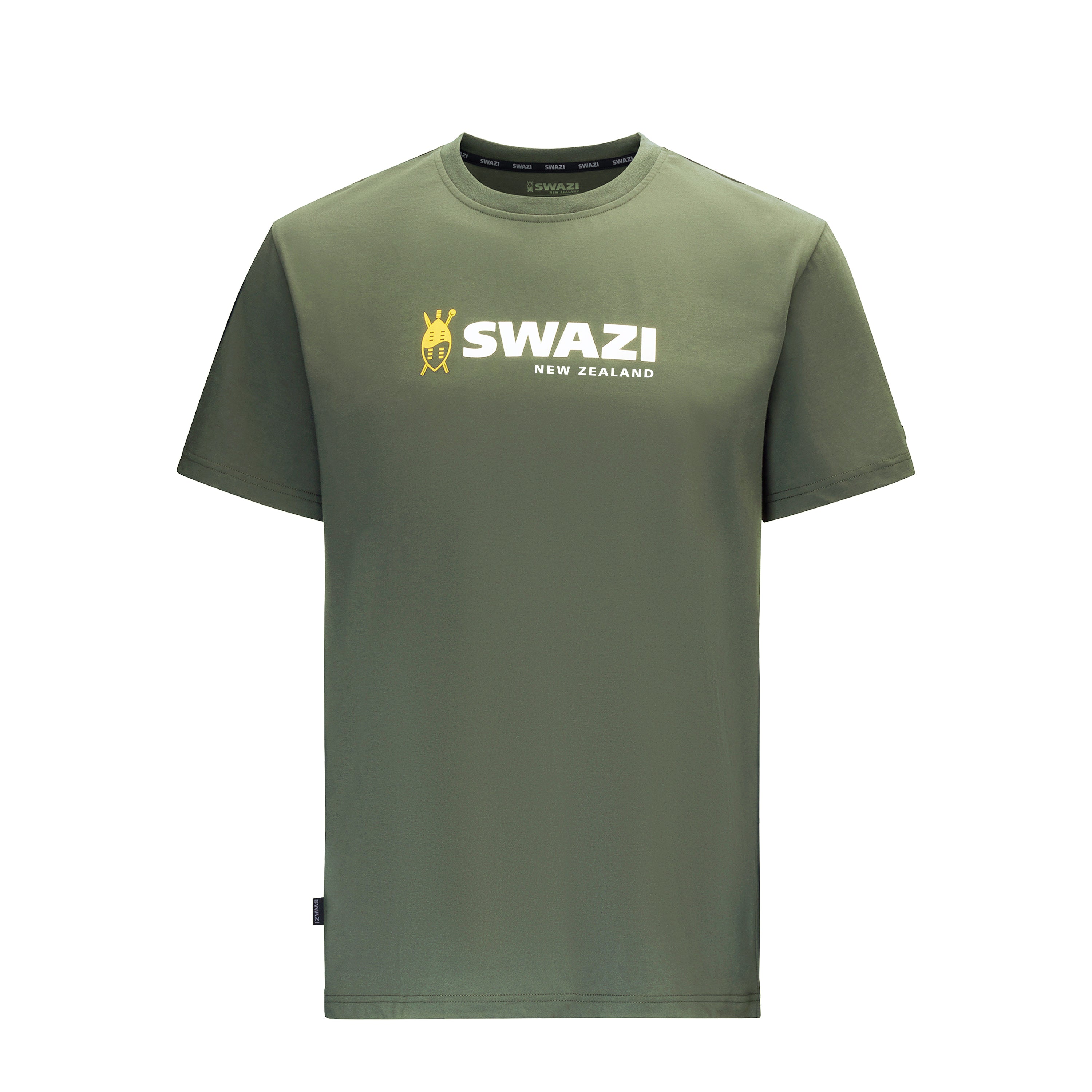 Green t-shirt with 'SWAZI New Zealand' logo on a white background