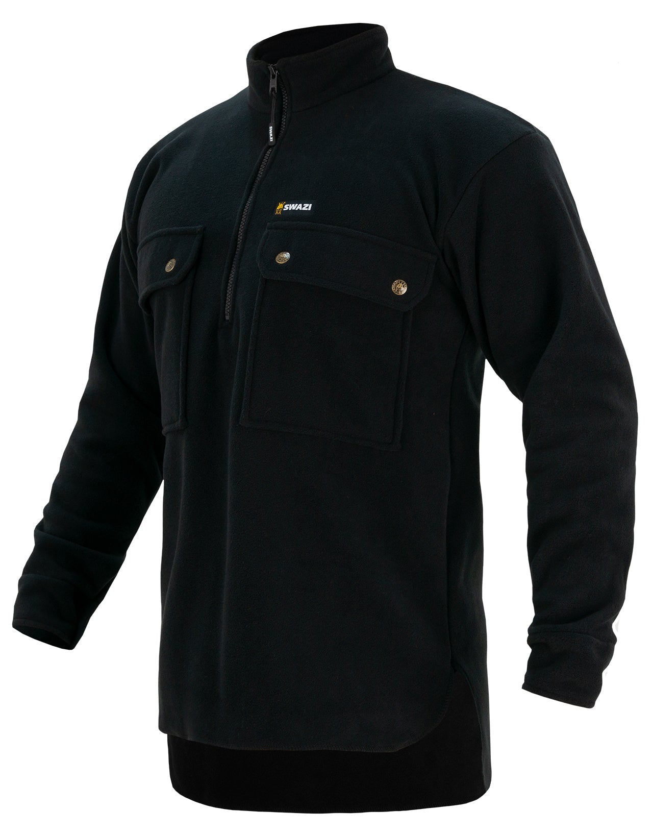 The Swazi Back 40 heavyweight fleece jumper with long-cut tail, high zip collar, and domed cuffs, designed to keep you warm in cold conditions.
