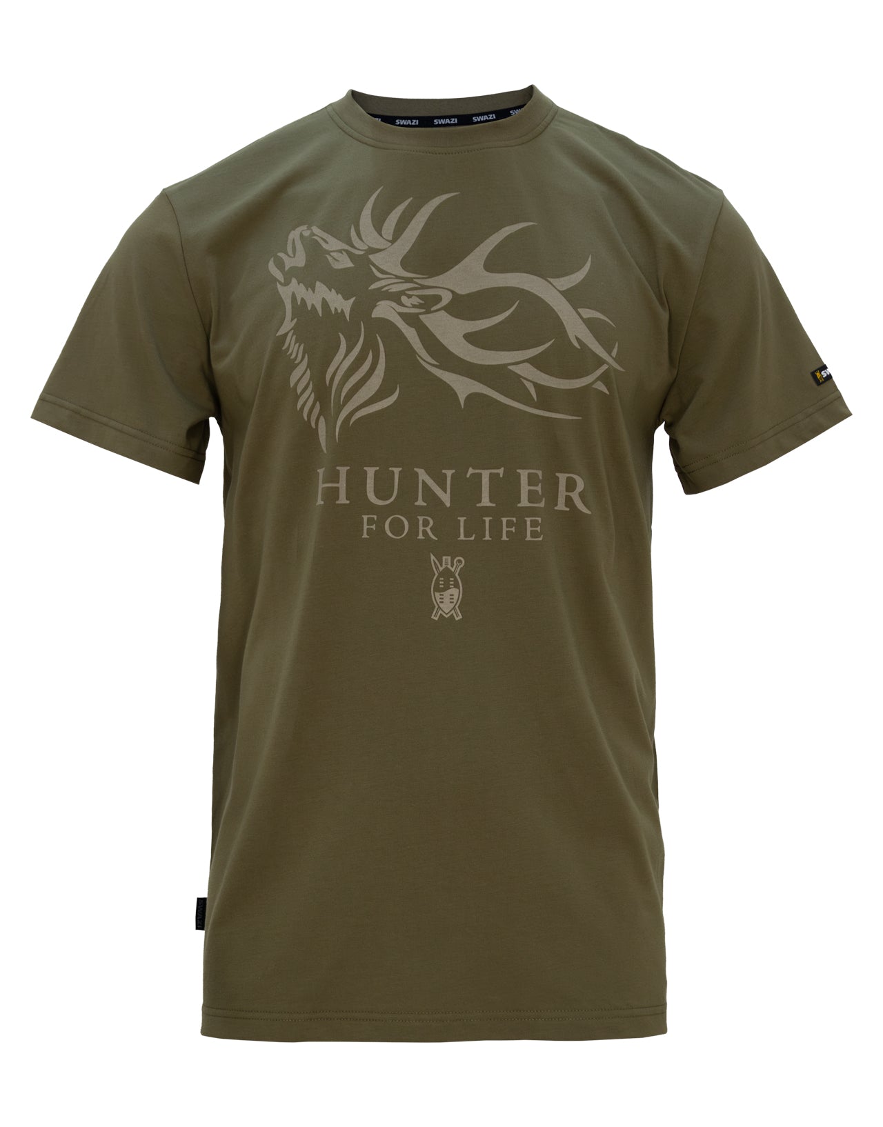 The Swazi Hunter For Life men's t-shirt with relaxed fit and hunting-themed print
