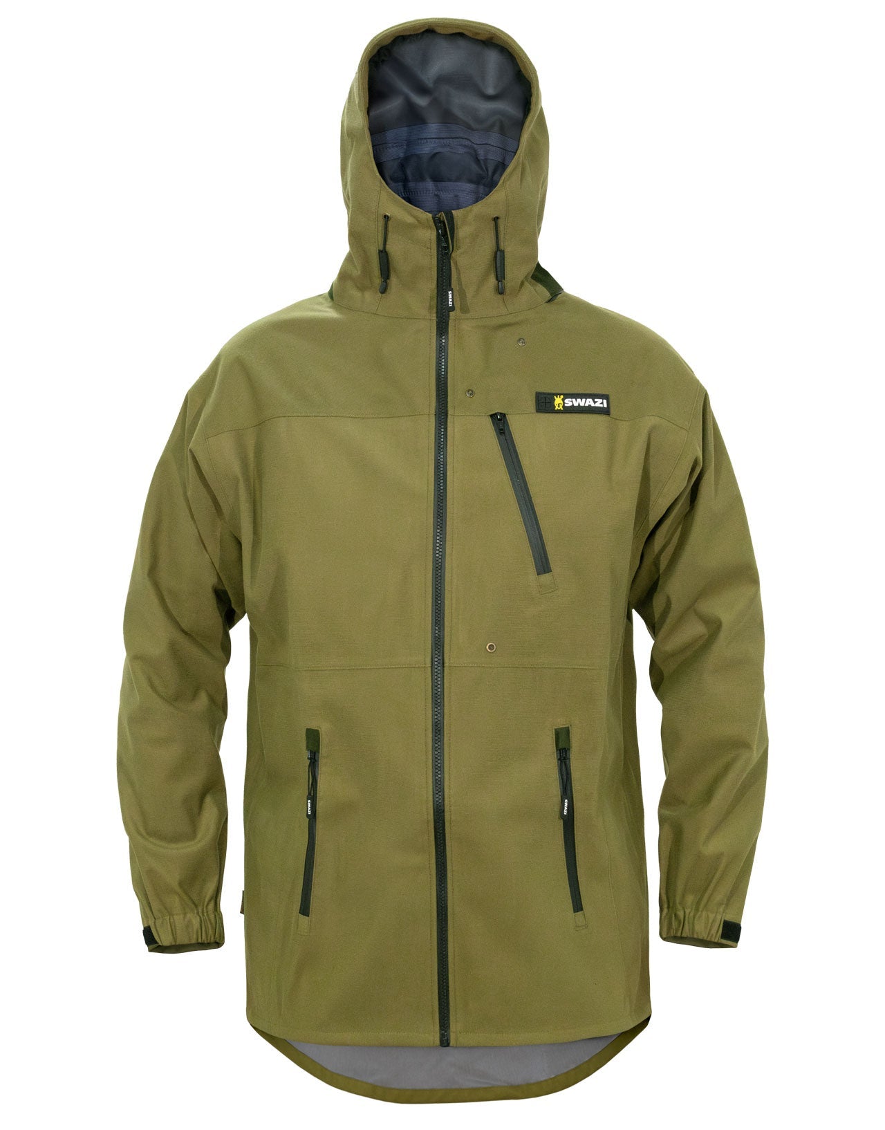 Swazi Ibex waterproof hunting jacket with quiet fabric, pit zips, full-length zip, and a high-vision hood for versatile outdoor comfort.