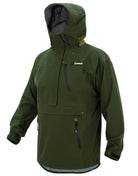 Waterproof hunting jacket with quiet fabric, multiple utility pockets, and high-vision hood for comfort, protection, and easy gear access.