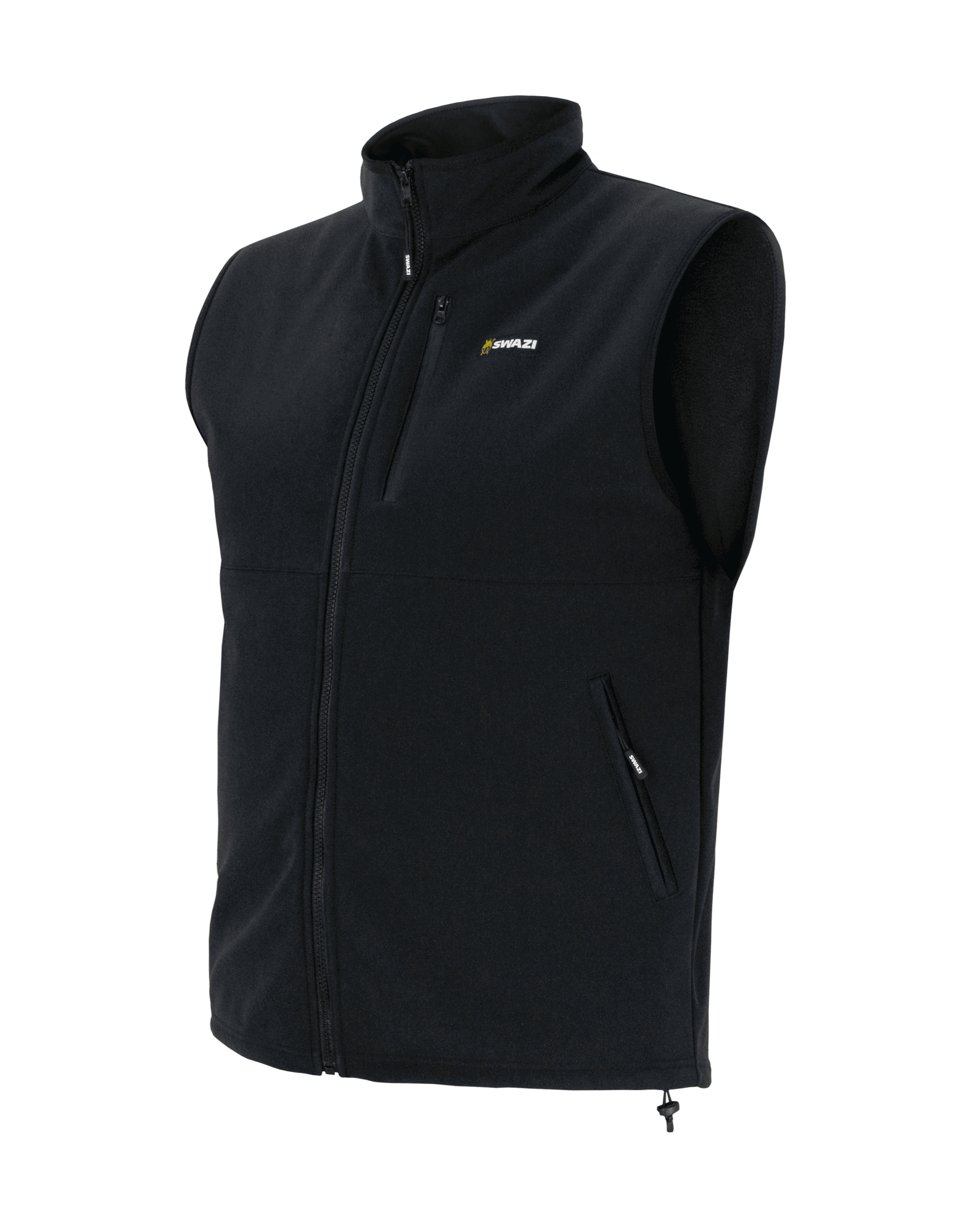 Swazi Paragon windproof vest with high collar, handwarmer pockets, and adjustable hem for core warmth and mobility
