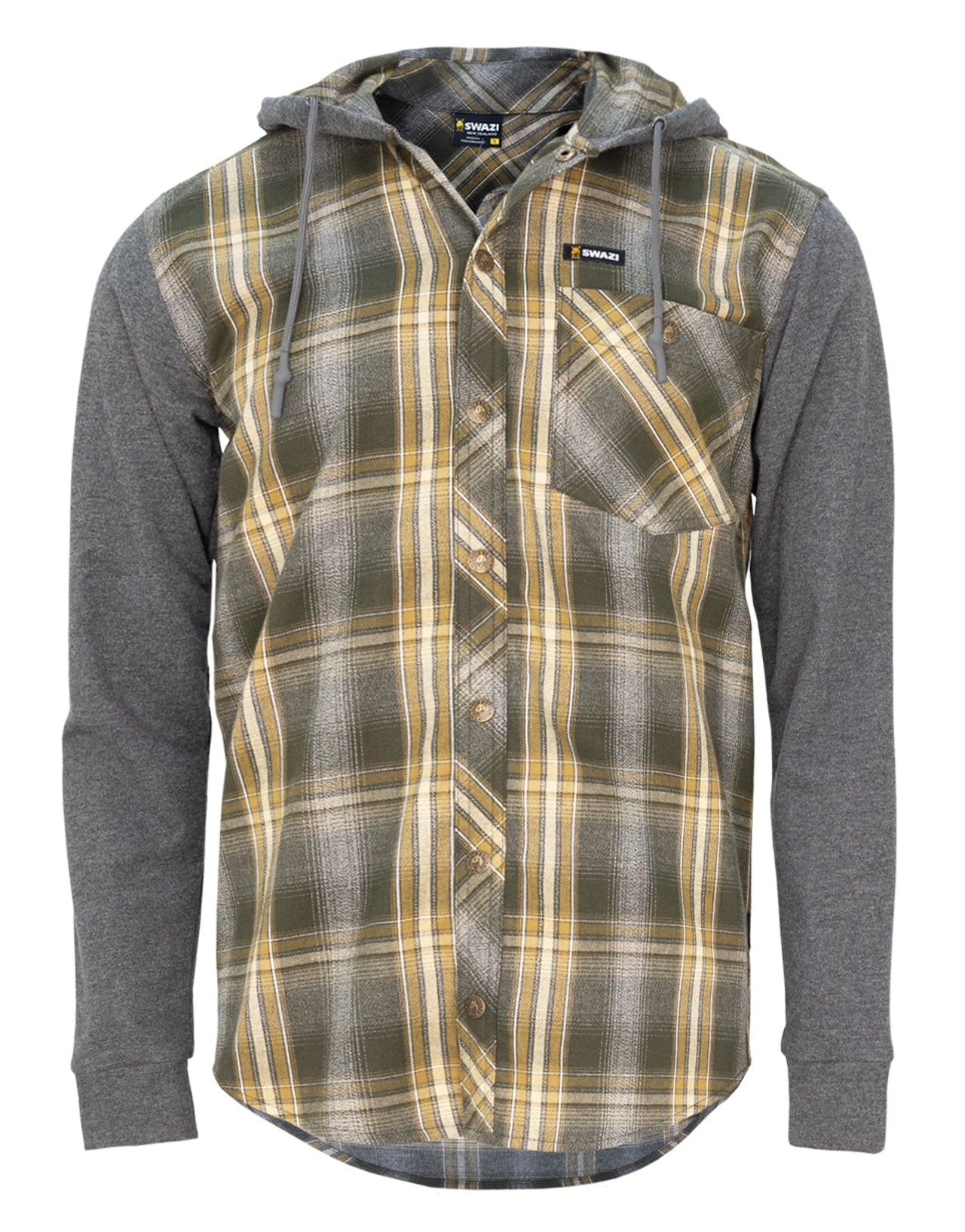 Swazi Apprentice Shirt featuring flannel plaid, comfortable terry sleeves, and a hood for versatile work and casual wear.
