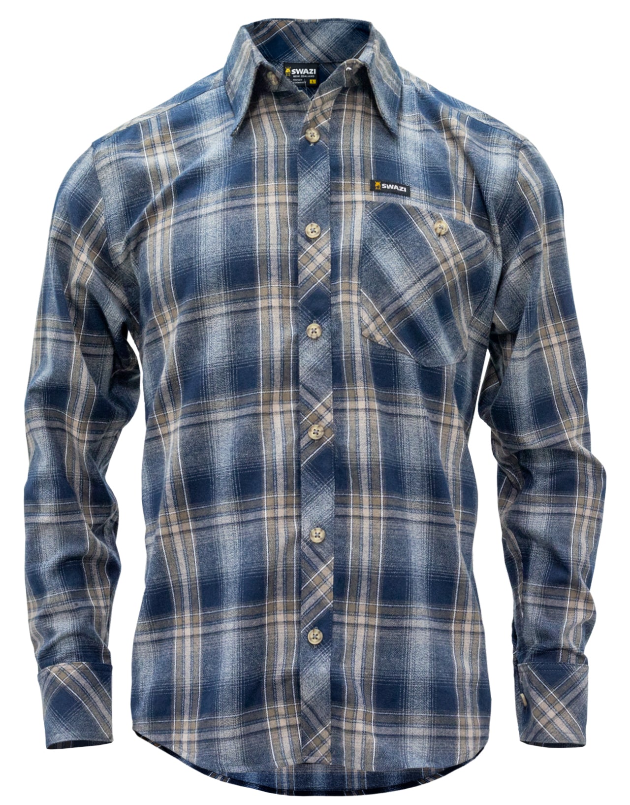 The Swazi Grafter long sleeve shirt with buttoned collar and pocket, ideal for work and casual wear
