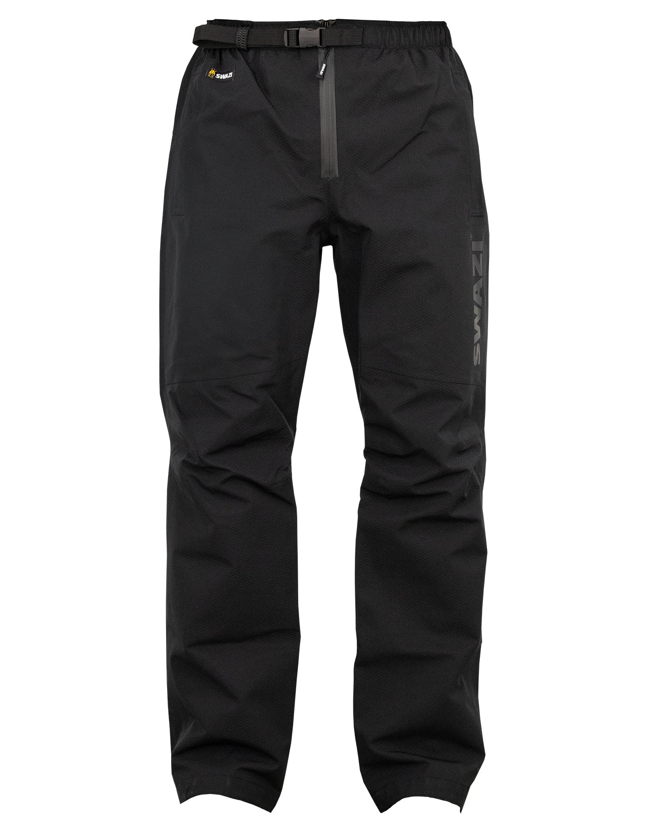 Swazi Torrent waterproof overtrousers with windproof and waterproof fabric, elastic waist, wide legs to fit over boots, and side openings for easy access to pockets.